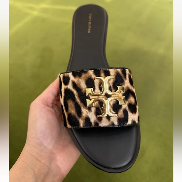 Tory Burch Everly Leopard Haircalf Slide Sandals Gold Double T $350 - Picture 2 of 7